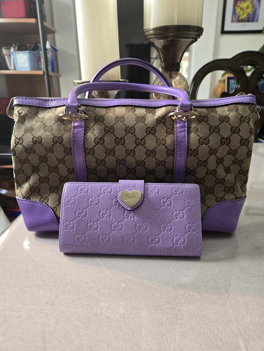 Gucci Beige GG Canvas Tote with Purple Leather Trim